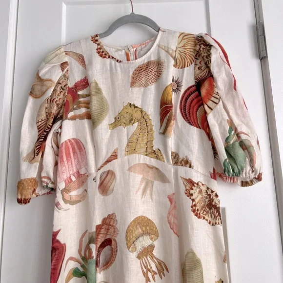 ALEMAIS Atlantic Linen Seashell Print Puff Sleeve Midi Dress NEW with tags - Picture 4 of 8